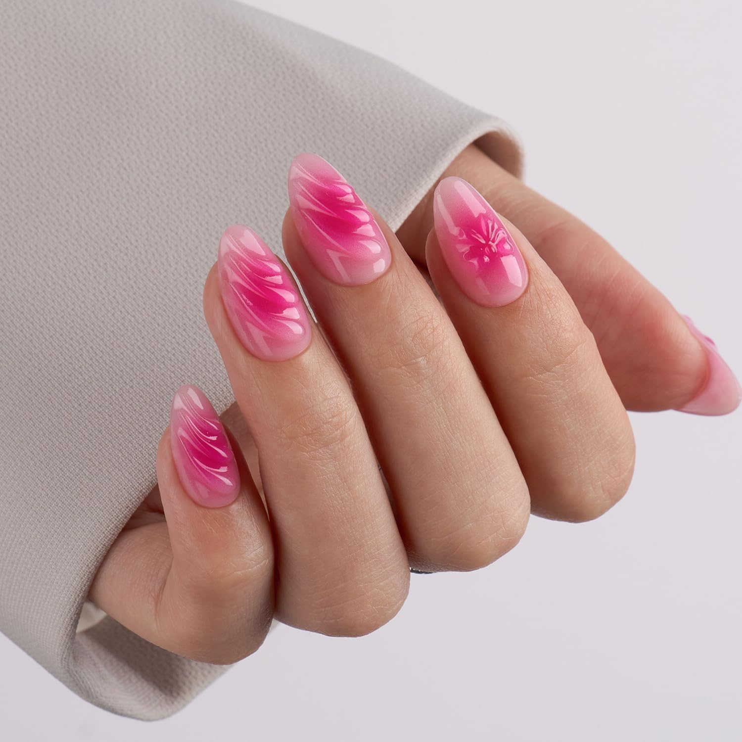 VSALON Almond Short Press On Nails, Hot Pink & Apricot Bowknot French Tip 3D Art Light Curbale Fake Nails, 42 PCS in 16 Sizes False Nail Kit with Glue, Easy Tabs, Nail Glue & Remover