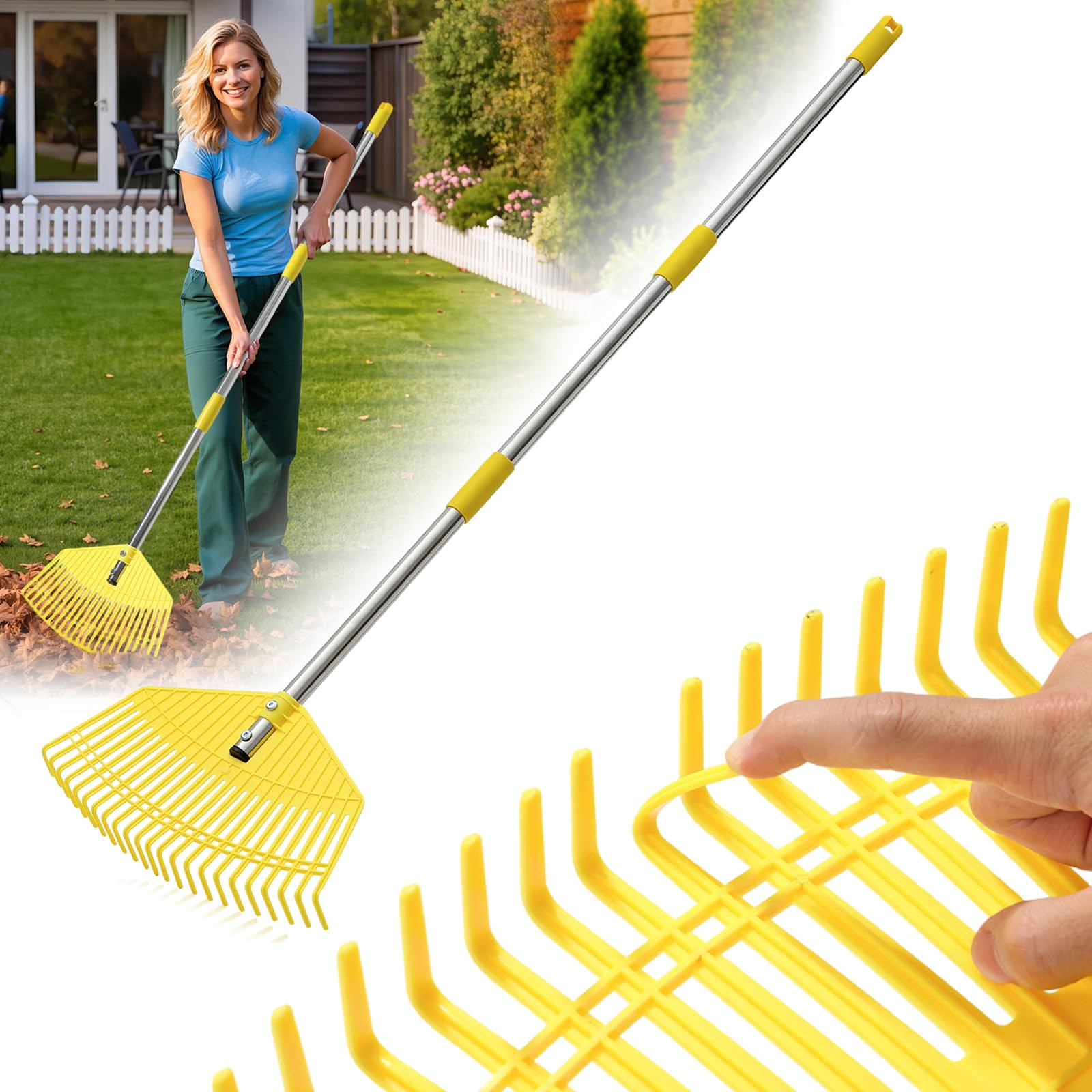 Garden Leaf Rake for Leaves - 42cm Wide Nylon Plastic Head,165cm Adjustable Lightweight Handle for Women Seniors Kids,23 Flexible Lawn-Friendly Tines for Grass,Pine Needle,Mulch,Small Debris