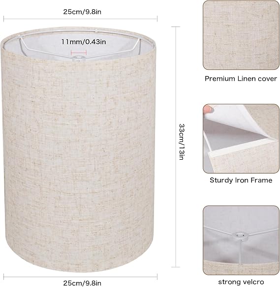 Tall Drum Lamp Shade for Table Lamps, Floor Lamp, Cloth Lampshade 10 Top X 10 Bottom X 13 High, Beige Large Line Fabric, Easy Assembly