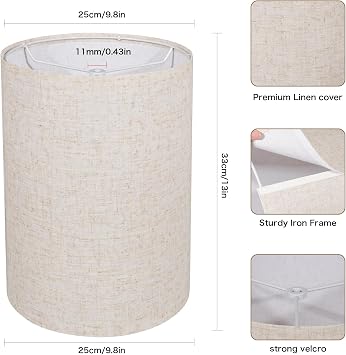 Tall Drum Lamp Shade for Table Lamps, Floor Lamp, Cloth Lampshade 10 Top X 10 Bottom X 13 High, Beige Large Line Fabric, Easy Assembly