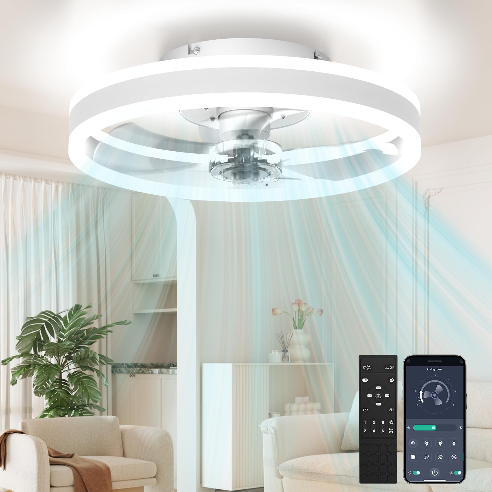 50cm Ventilador de Techo con Luz,Control Remoto y APP, 3 Temperaturas de Color, 6 Velocidades, Silencioso, Rotación Inversa,Ideal para Cocina, Sala, Dormitorio