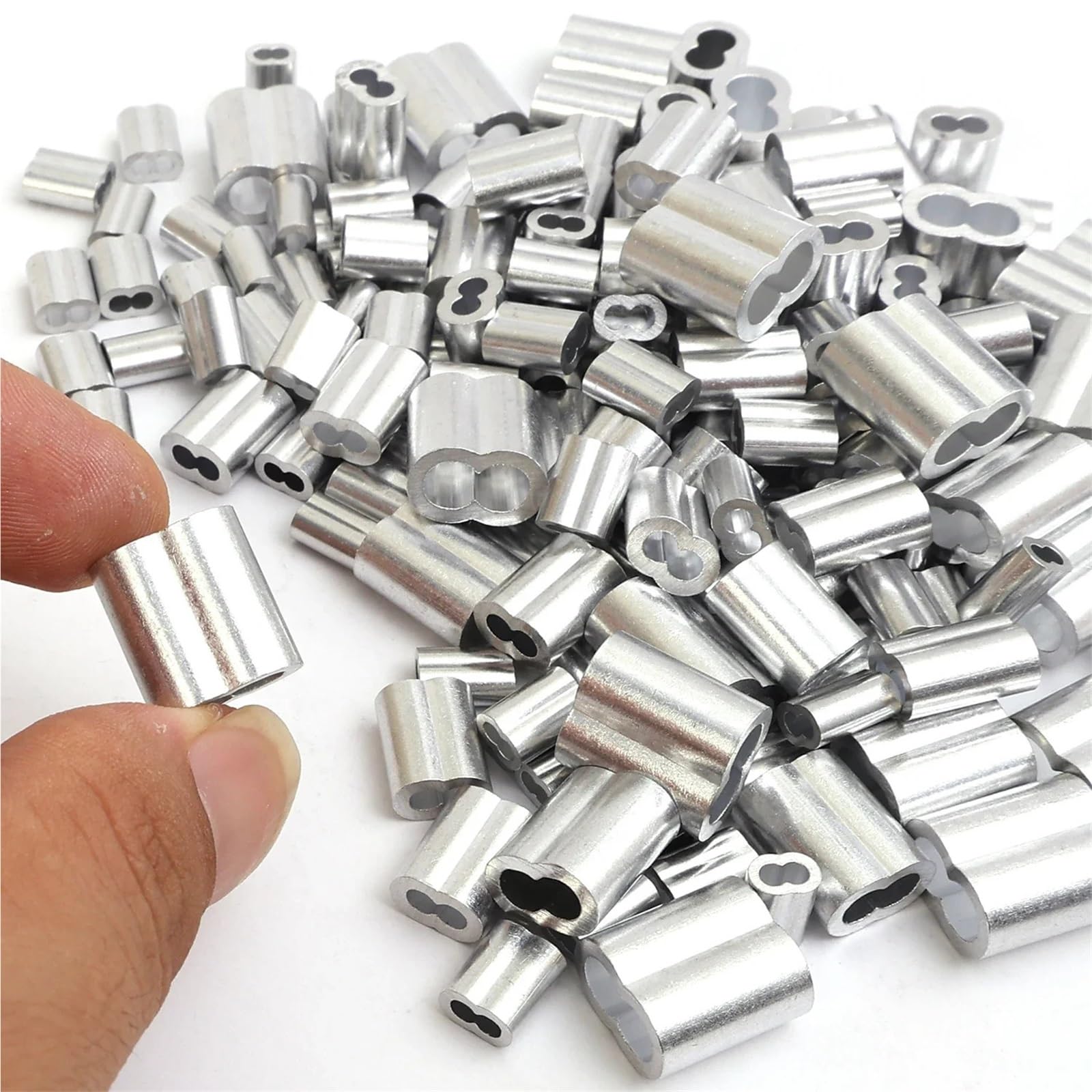 10/200 pz Doppio Foro Cavo A Crimpare Manicotto M1.5 A M4 Puntali in Alluminio a Forma di 8 Fermacorda e ganci Corda Accessori Hardware Per Cavo, Funi(M4x200pcs)