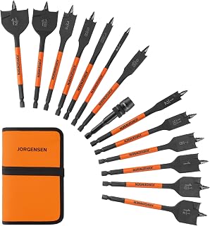 Jorgensen 14-Piece Spade Drill Bit Set: Carbon Steel Paddle Bits 1/4"-1-1/2" with Quick-Load Connector for Effortless Woodworking