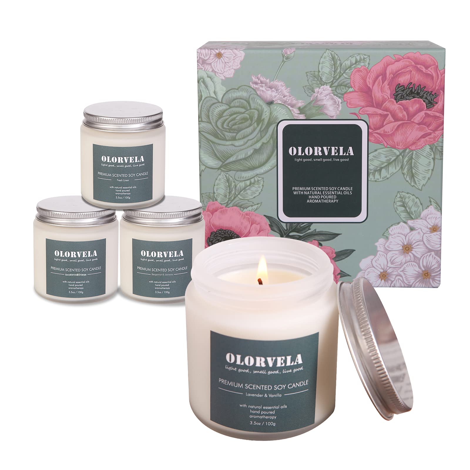 olorvela Scented Candles for Home Scented Candles Gifts for Women, Soy Candles in Beautiful Travel Tins Burn Time Gifted Packaged Aromatherapy Candle (4pcs, 128burn Hours)