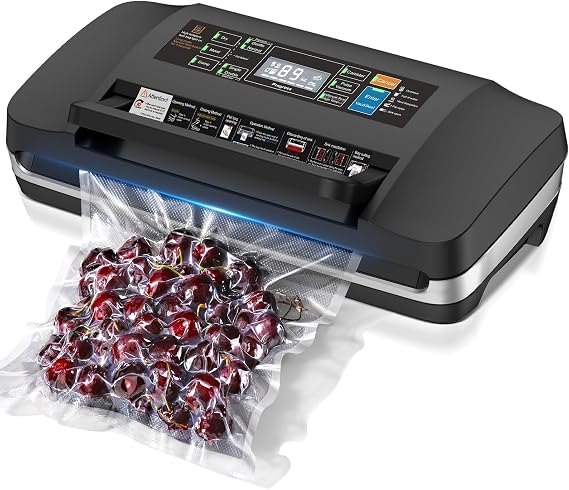 95kpa Vacuum Sealer Machine,Commercial Full Automatic Food Sealer,Powerful Sealing System with Double Heat Seal,Bags Storage, Easy-Lock Handle,Build-in Cutter,1 Bag Rolls & 10 pcs Pre-cut Bags(Silver)