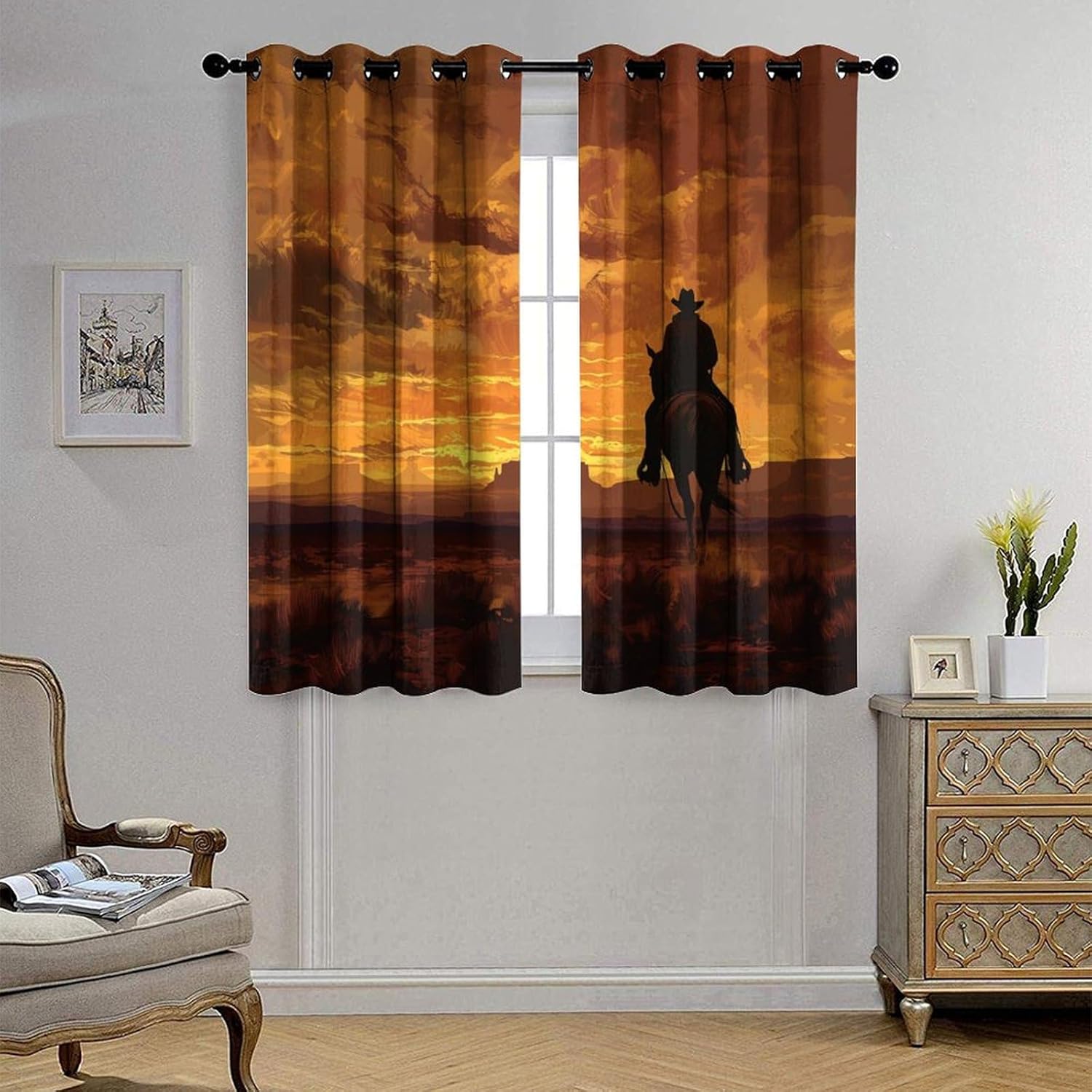 Western Cowboy Nature Blackout Curtains for Bedroom/Living Room, Retro Desert Horse Sky Grommet Curtains Thermal Insulated Window Drapes, 2 Panels, Each 21W x 45L