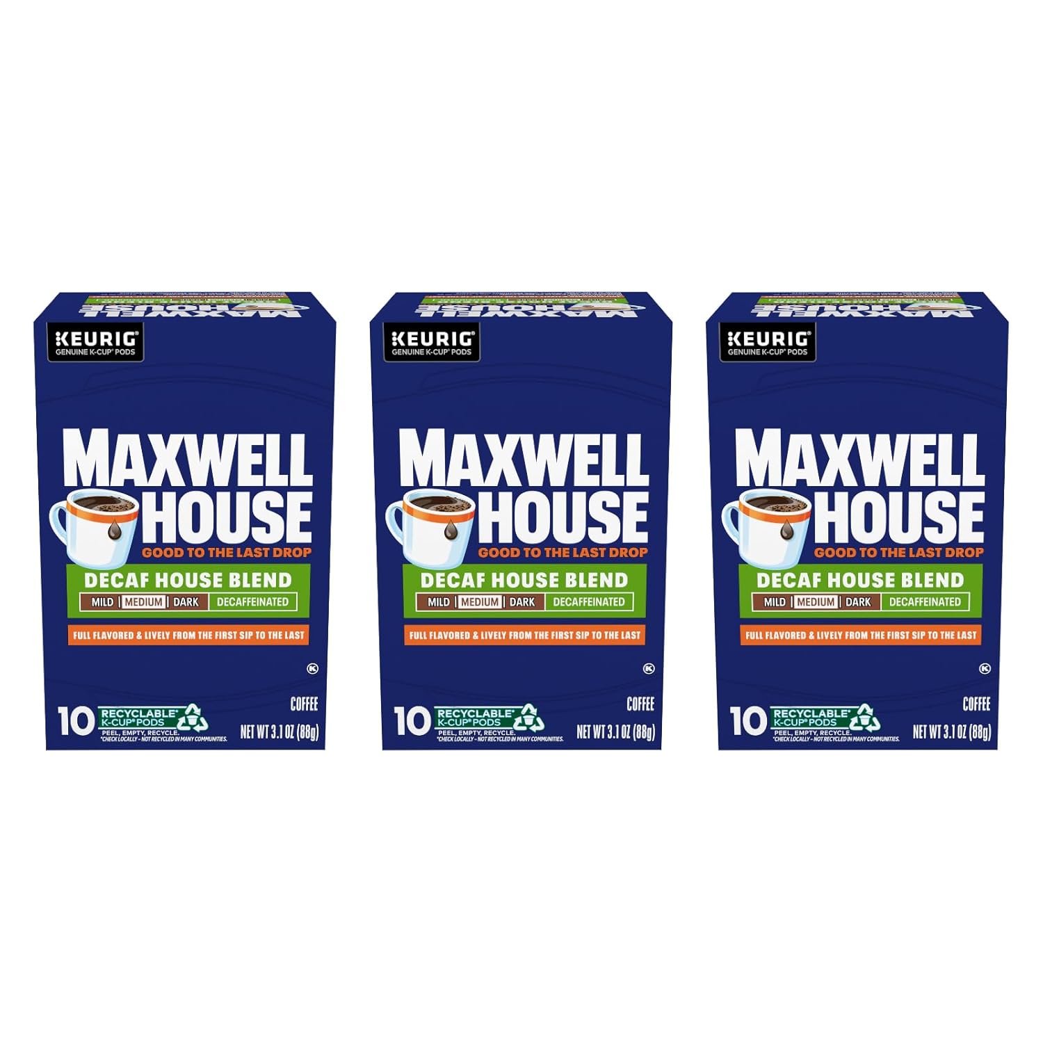 Maxwell House Decaf House Blend Medium Roast K-Cup Coffee Pods, 10 CT (Pack of 3)
