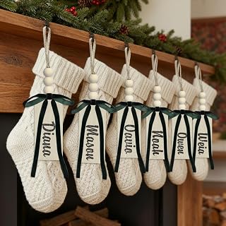 12Pcs Blank Christmas Stocking Name Tags DIY Personalized Blank Wood Tags Velvet Beads and Bow Xmas Stocking Hanging Tag for Christmas Tree Home Farmhouse Decor Gift(White Color)