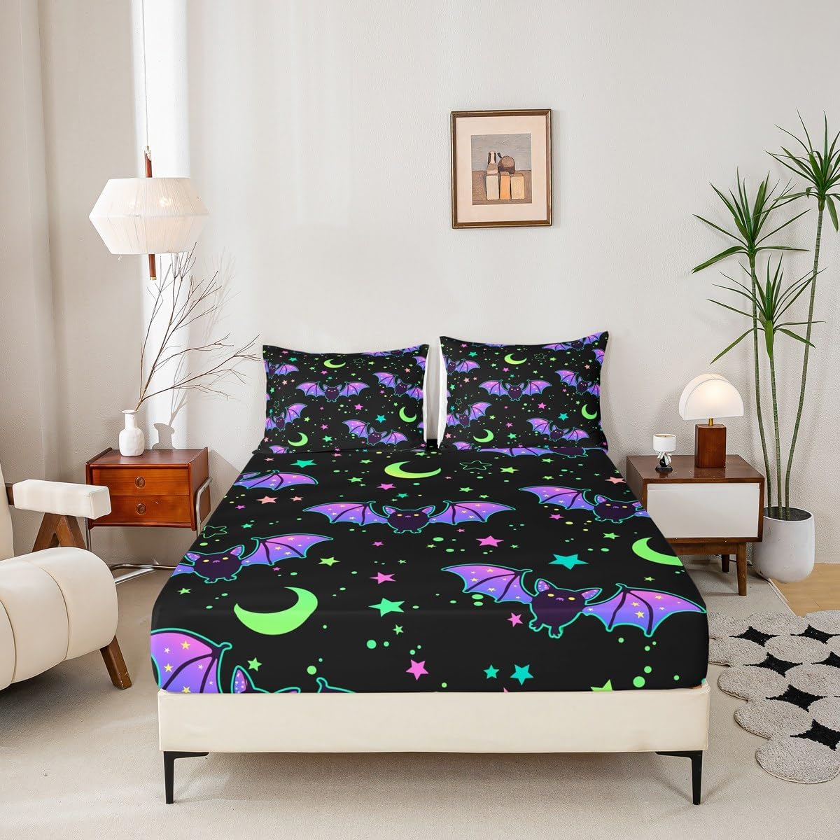 Castle Fairy Halloween Bed Sheet Set Full Size,Neon Watercolor Bat Fitted Sheet for Kids Teens Girls Room Decor,Gothic Starry Sky Bedding Set Horror Festival Bed Cover 3pcs with 2 Pillowcases
