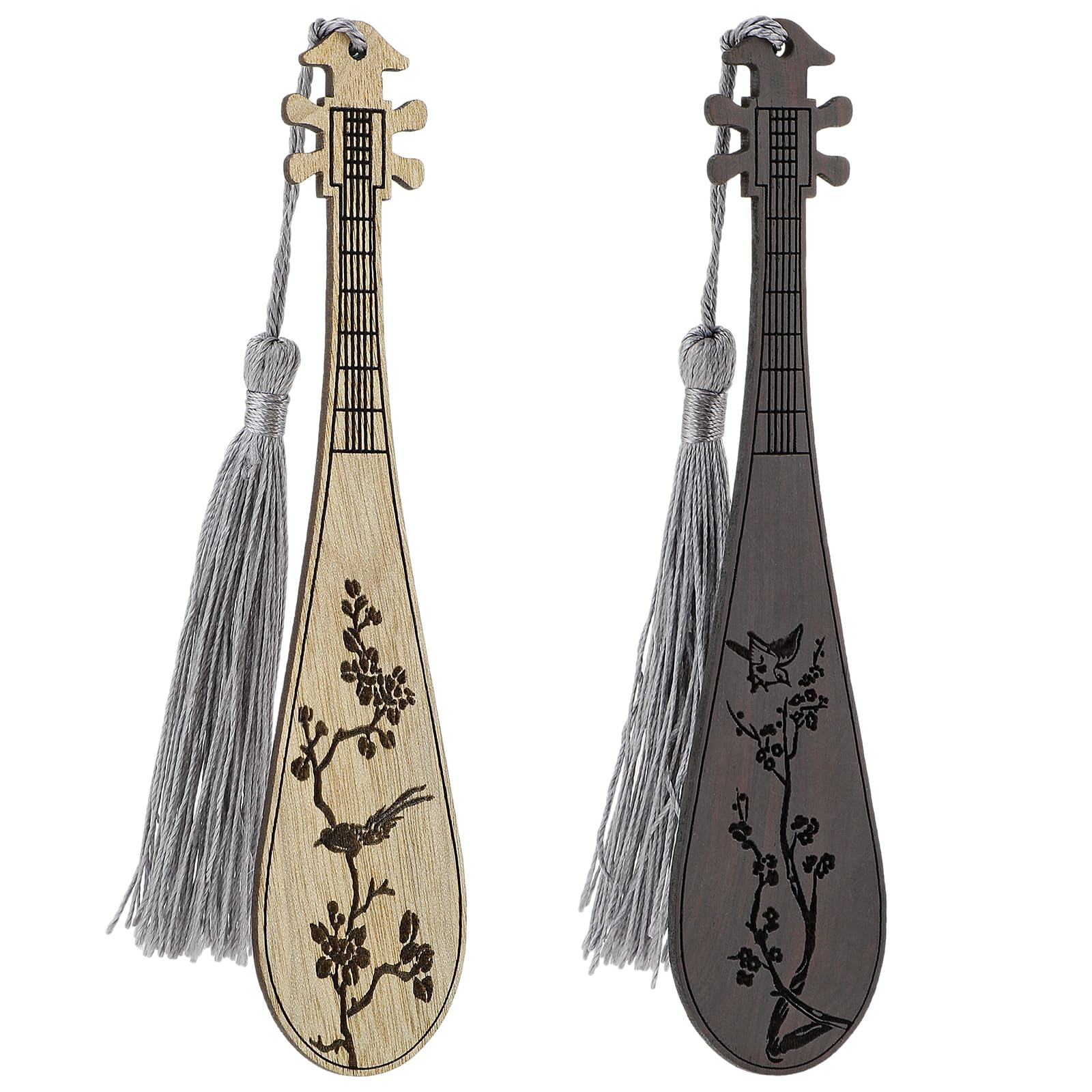 TIESOME Marcapáginas de madera grabados con instrumentos musicales, 2 marcapáginas de madera en forma de pipa, hechos a mano, marca de libros china, marcadores creativos de estilo vintage para leer