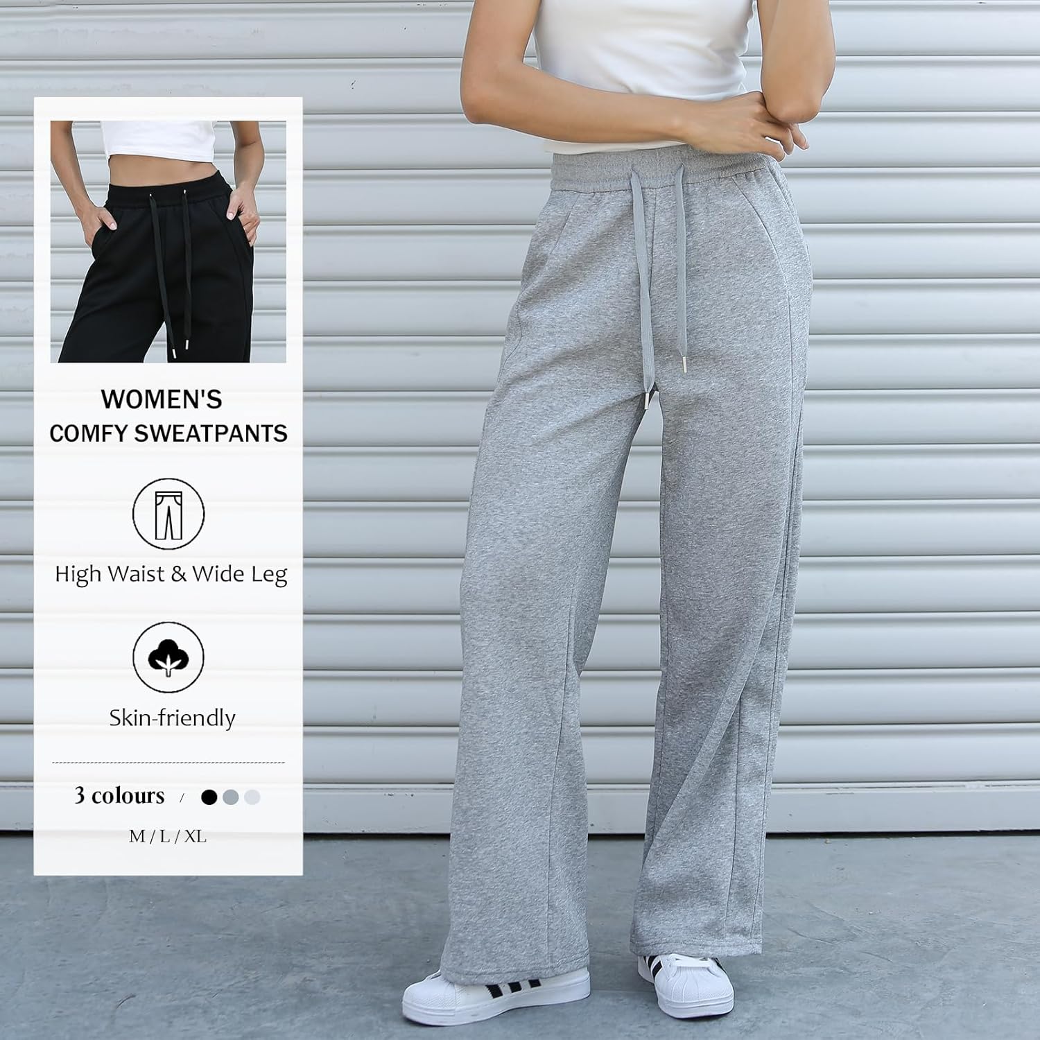 Women's Wide Leg Cotton Sweatpants - High Waist Joggers with Loose Straight Leg, Casual Lounge Pants with Pockets - Image 2