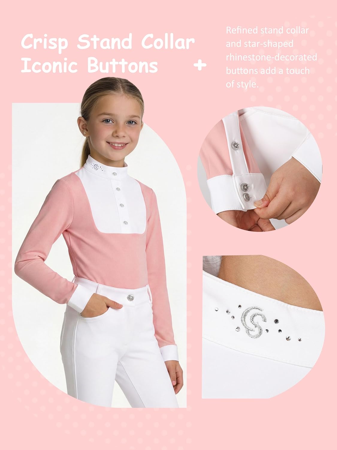 Girls Equestrian Show Shirt for Kids, Horse Riding Competition Shirt, White Stand Collar (XS–L)