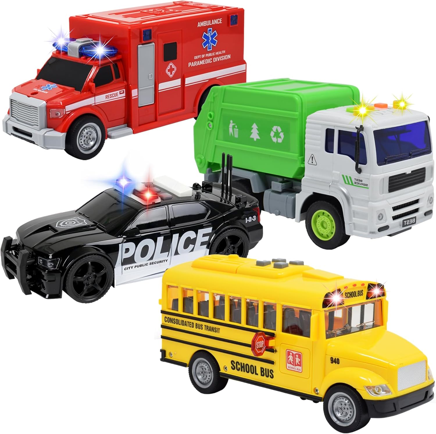 Toy Fire Truck 3-Piece Wooden Toy Car Set Ambulance, Police