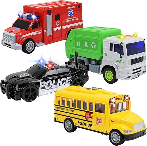 Paquete de 4 ambulancias, camión de basura, autobús escolar, coche de policía, juguete de vehículos para niños pequeños Alimentado por fricción con