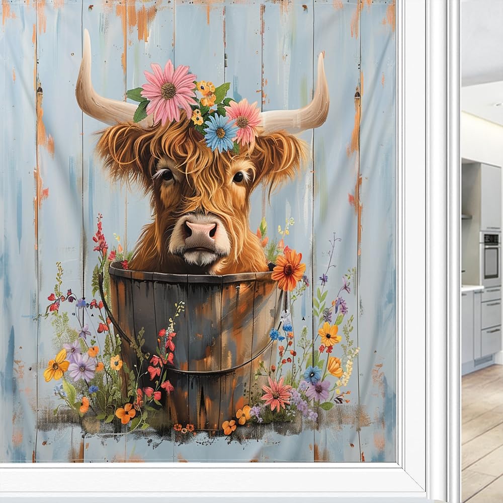 Country Highland Cow Window Privacy Film, Rustic Spring Flowers Animals Frosted Stained Glass Window Film Decorative Static Cling for Glass for Home 60x90 cm