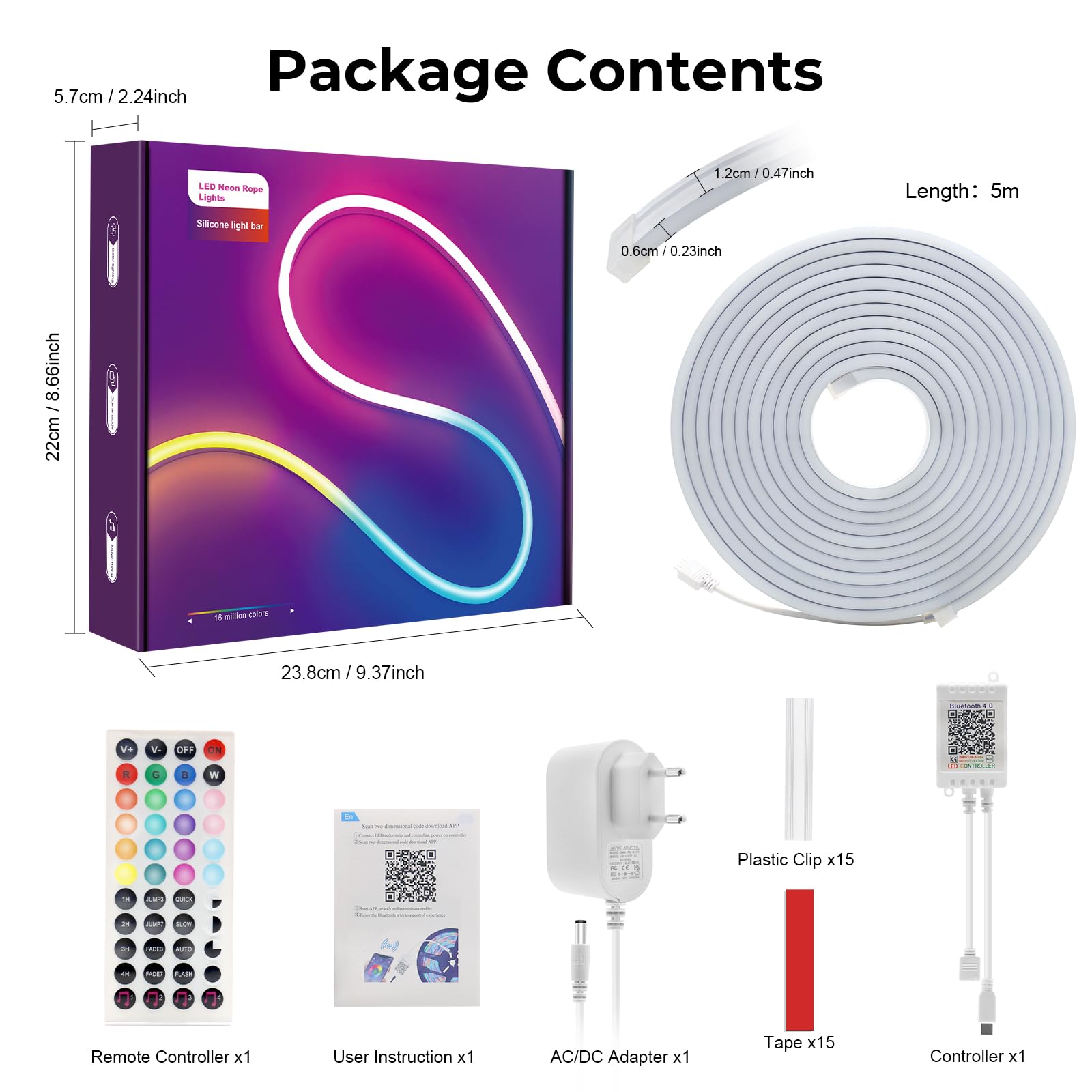 LUXONIC 16.4FT 5M Strisica LED Neon, RGB, Silicone Neon Luci LED Flessibile Bluetooth con APP e Telecomando, IP67 impermeabile, Sincronizzazione Musicale, Decorazione Esterna/Interna del partito