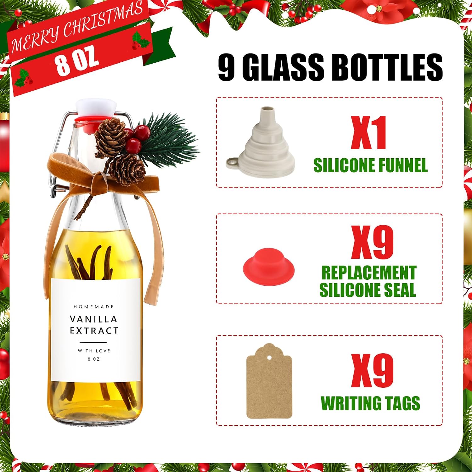Sieral 9 Sets Vanilla Extract Bottles Clear Swing Top Glass Bottles for Gift Giving Homemade Vanilla Extract Jar Funnel Rope Labels for New Year Brewing Oil Beer Tea DIY Supply(Square Stickers,8 oz)