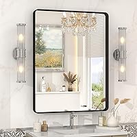 Vista 16 de Espejo rectangular para pared de baño de 20x30 pulgadas con marco negro mate, espejo de tocador con esquinas redondeadas, espejo de baño de metal