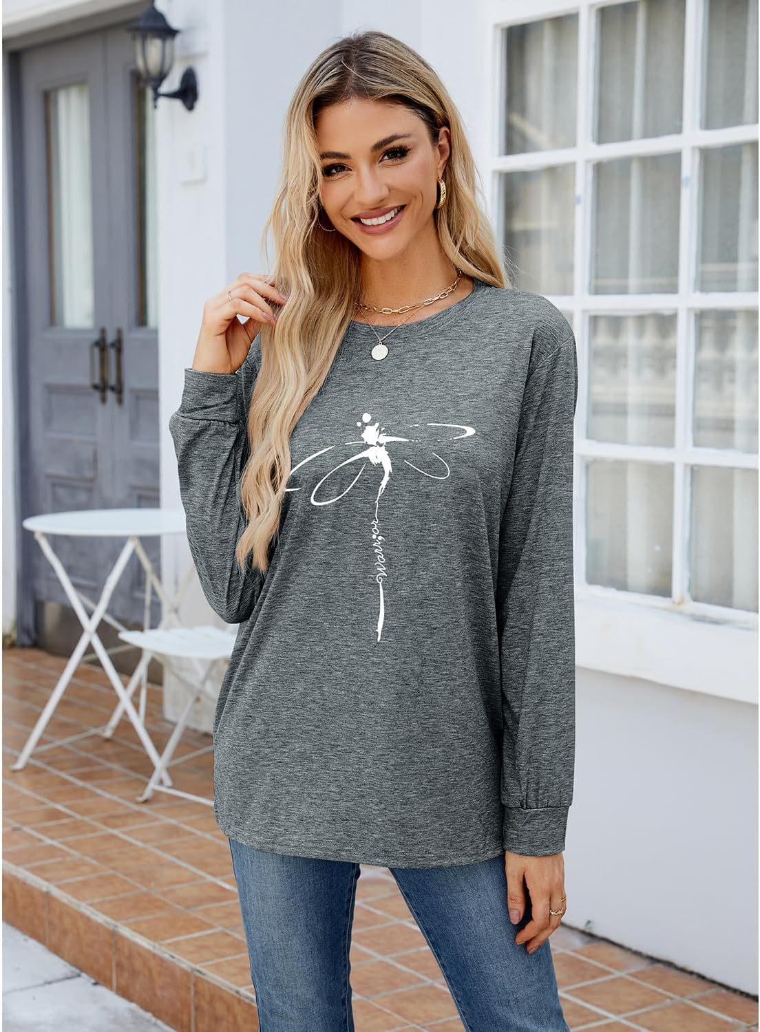 Women's Dragonfly Trendy Graphic Long Sleeve Shirts Basic Tee Fall Winter Loose Cozy Cute Pullover Tops - Image 3