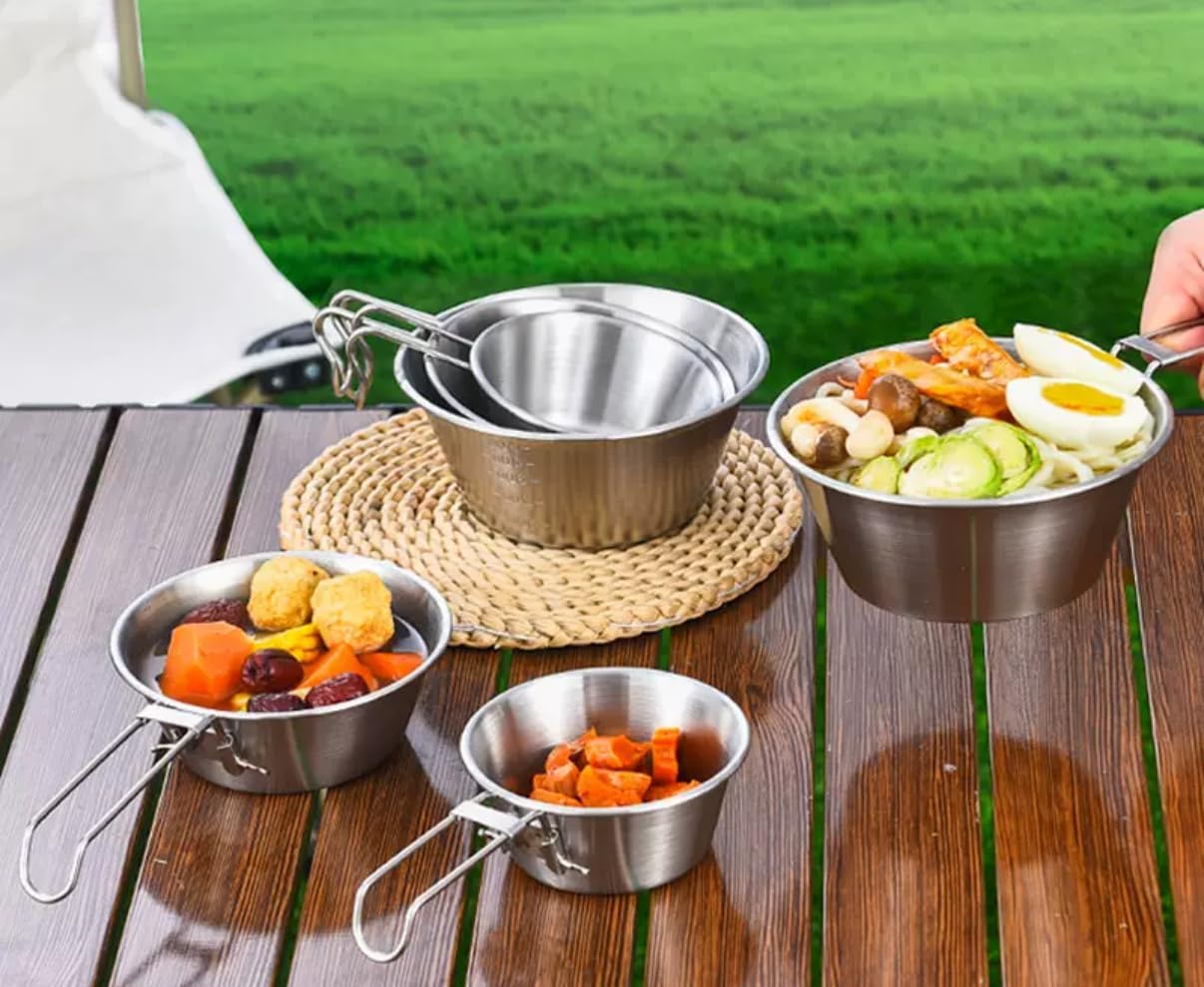Camp Bowl Travel Sierra Cup Outdoor Portable Tableware Equipment 4pcs Set(18.6oz, 10.15oz),304 Stainless Steel Foldable & Lockable Handle Carry Sturdy Lightweight Picnic,Hiking, Backpacking Outdoor