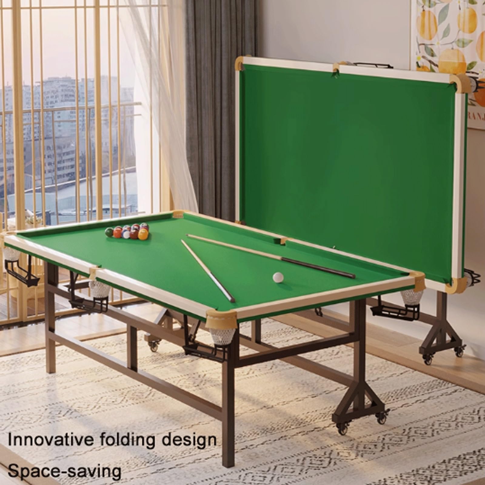 Tavolo da biliardo e ping pong, design pieghevole 2 in 1, uso interno, allenamento di precisione a cinque punti, piedini in acciaio al carbonio resistenti