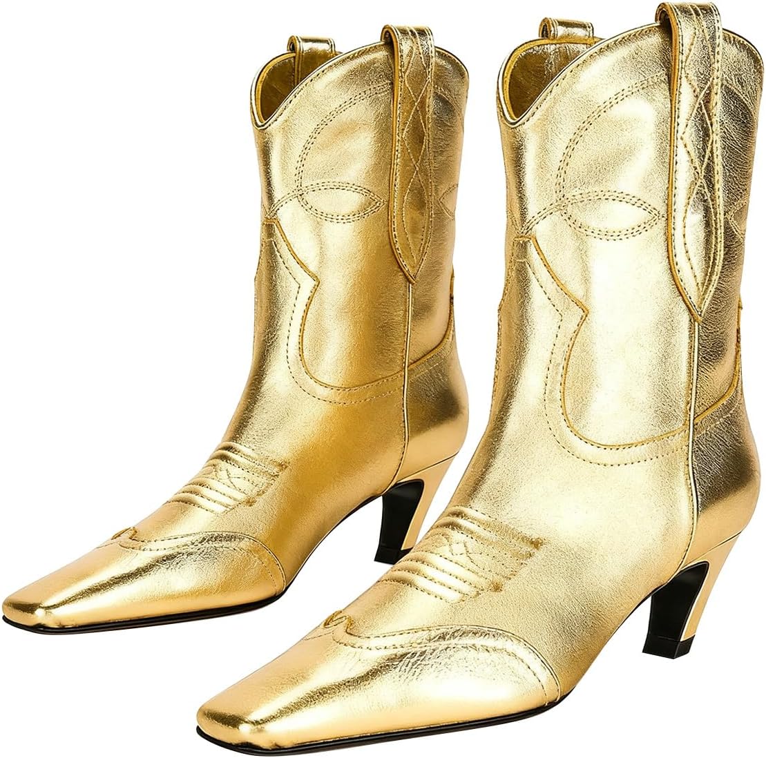 FSJ Women Square Toe Comfort Kitten Low Heel Ankle Boot Pull On Bootie Winter Cowgirl Cowboy Sexy Dressy Shoes Size 4-16 US