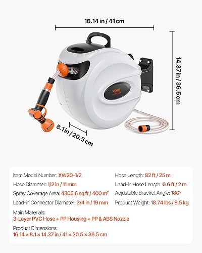 VEVOR Retractable Hose Reel, 82 ft x 1/2 inch, 180° Swivel Bracket Wall-Mounted, Garden Water Hose Reel with 9-Pattern Nozzle and 3 Fast Adaptors, Automatic Rewind, Lock at Any Length - 7