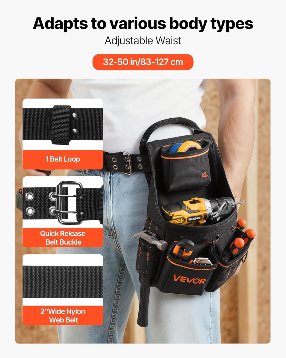 VEVOR Tool Pouch with Belt, 14 Pockets Professional Tool Belt Pouch for Men, Heavy Duty Detachable Adjustable Utility Work Bag for Electrician, Carpenter, Construction, Adjusts Waist 32 to 50 Inches