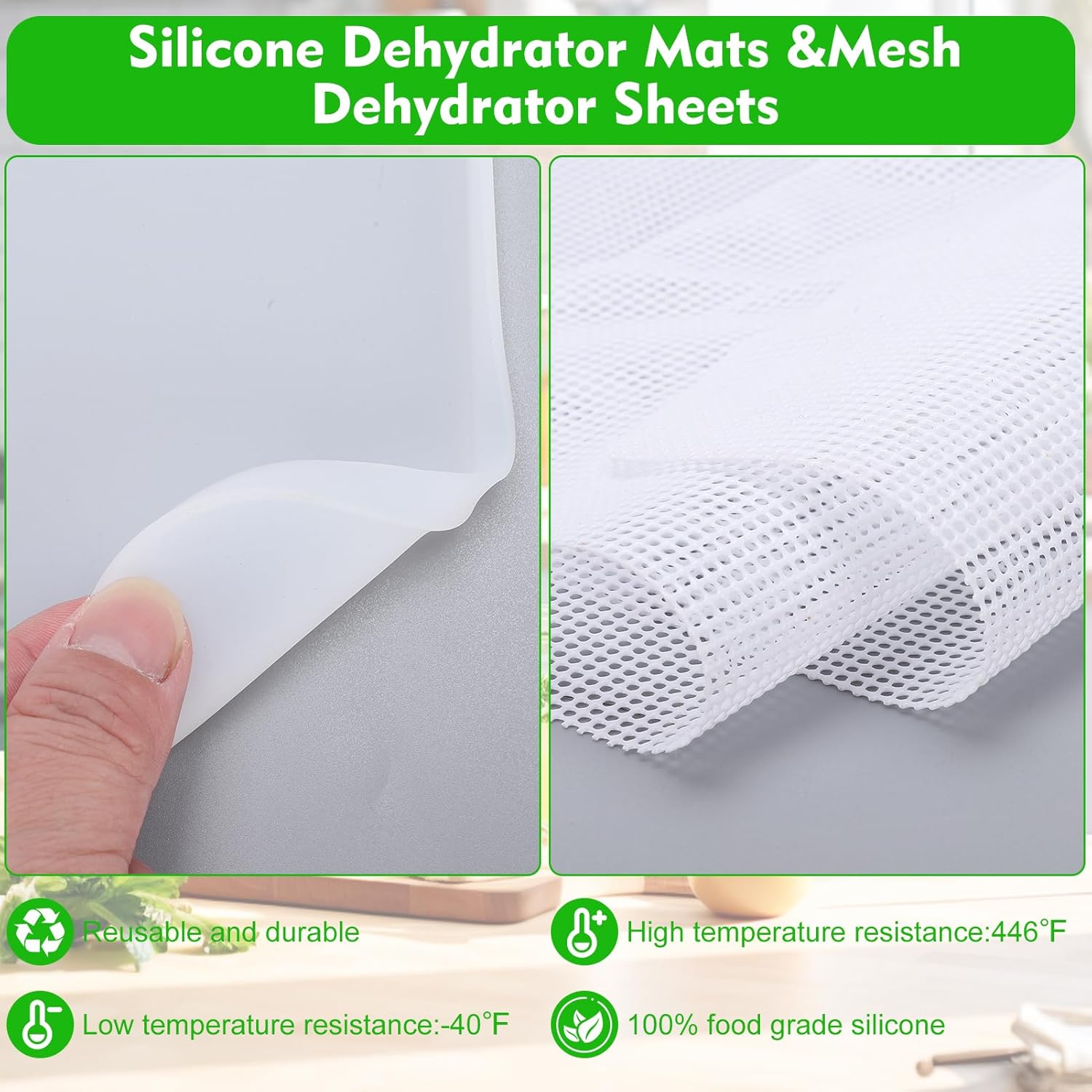 4 Silicone Dehydrator Mats & 4 Mesh Dehydrator Sheets，11x11in/28x28cm Reusable Non Stick Silicone Tray Sheets，Non Stick Tray Liner with Edge for Liquids，Fruit，Vegetable，Meat