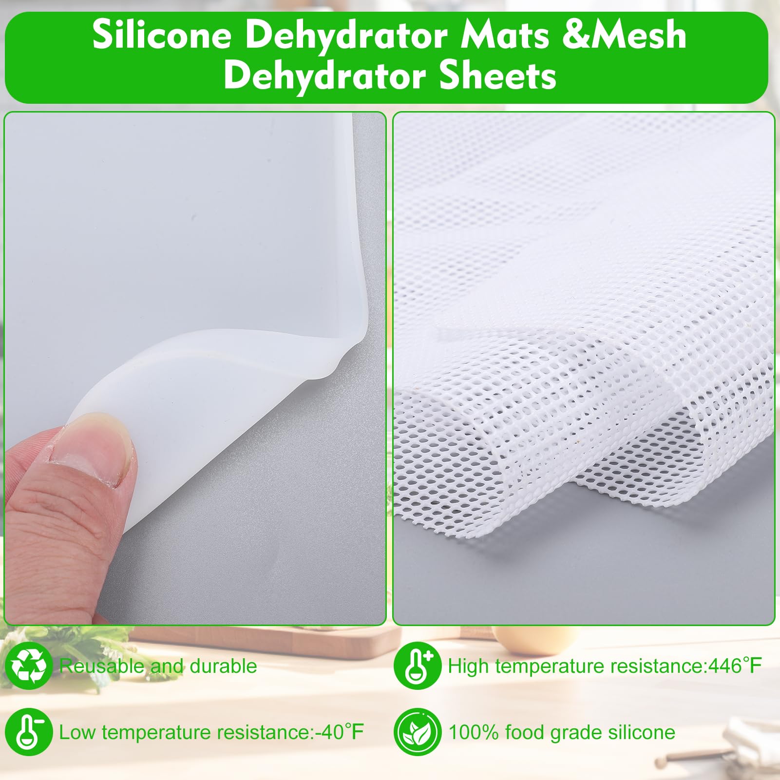 4 tappetini per disidratazione in silicone e 4 lamiere di disidratazione a rete, 28 x 28 cm, fogli in silicone riutilizzabili e antiaderenti, rivestimento in lamiera antiaderente con bordo per liquidi