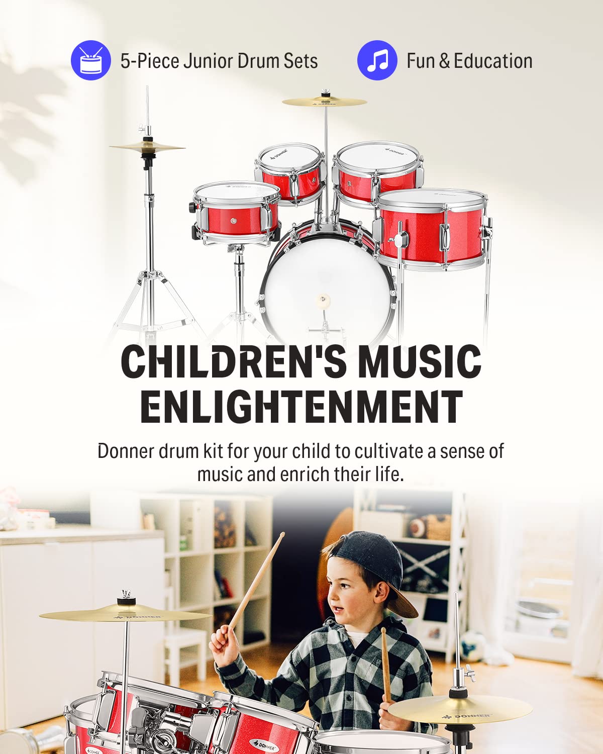 Juego de batería infantil de 5 piezas para principiantes, kit de batería junior de 14 pulgadas, con trono ajustable, platillo, Hi-Hat, pedal y baqueta, rojo 3