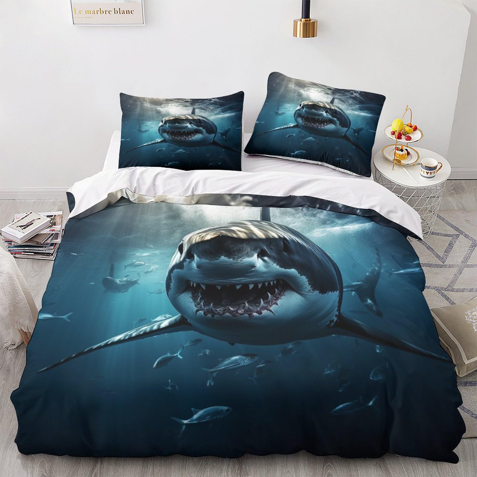 Opsrey Boys Great White Shark-2 Great White Shark Duvet Cover Microfiber Quilt Cover With Pillowcases, Megalodon Comforter Sleep Aid Bedding Set Hidden Zipper Kids And Adults Girls King（220X240cm）