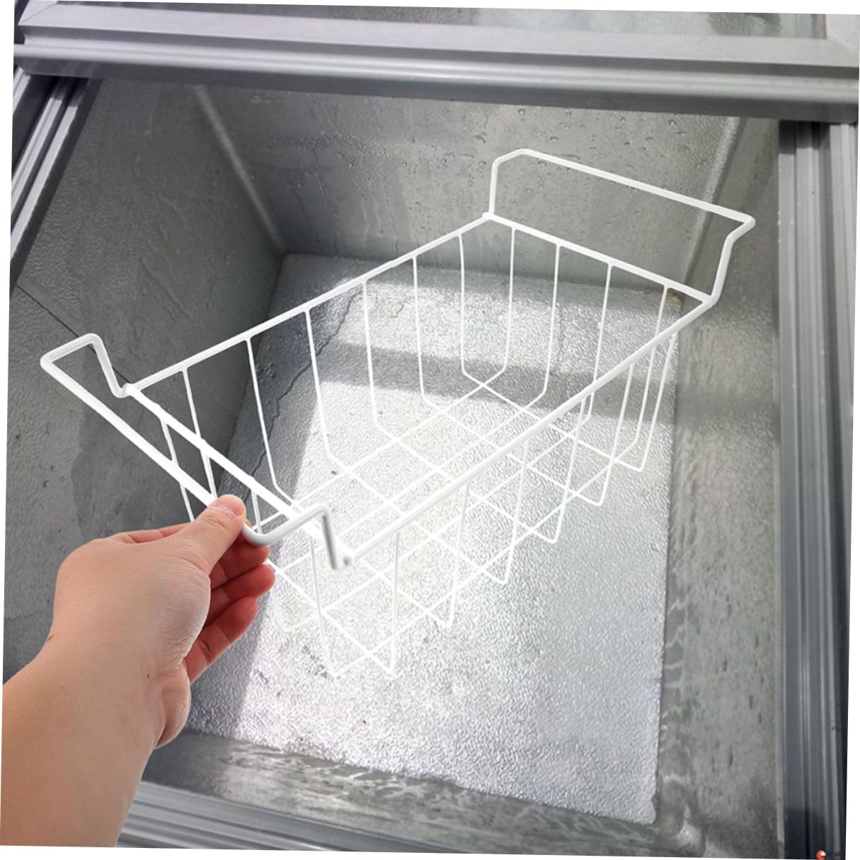 LIFKOME Cestello Organizer per Congelatore Profondo in Ferro Bianco con Manico Sospeso, Facile da Pulire e Accesso Rapido per Organizzare Freezer