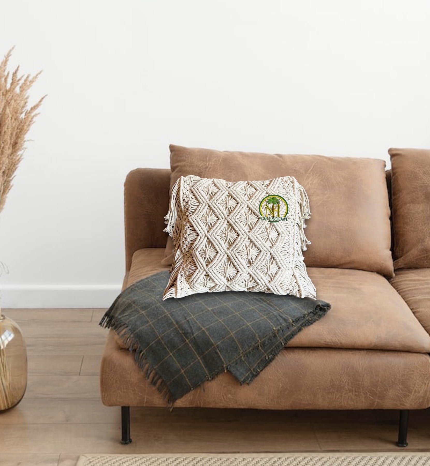 NOBEL HANDICRAFT | Macrame Cushion Cover 16 x 16 inche Off-White | Knotty Comfort DIY Macrame Cushion Covers Boho Pillow Case for Sofa Set, Bed, Living Room in Premium Cotton Canvas Fabric, 1 Pc