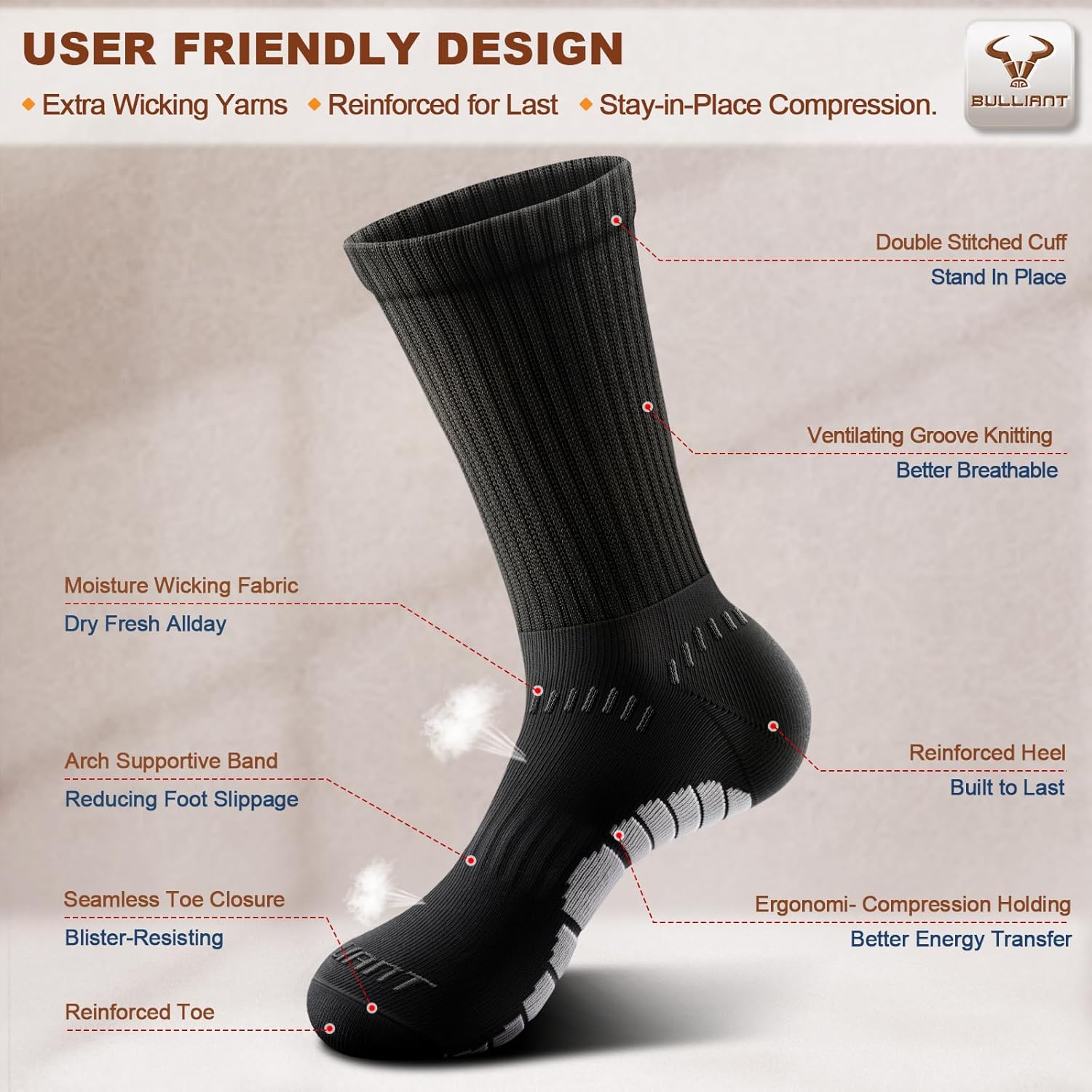 BULLIANT Men Socks, Athletic Compression Crew Socks Cushioned for Men Running Sports Hiking Fishing Arch Support - Image 5