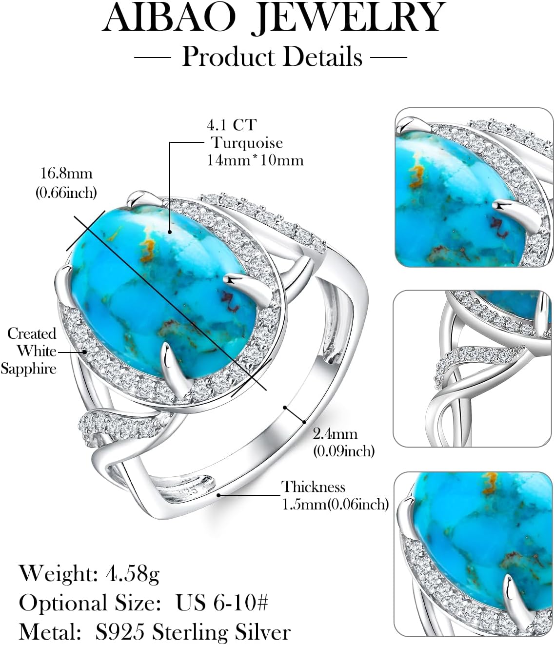 AIBAO 4 Carat Large Turquoise Signet/Celtic/Infinity/Love Knot Ring Western Jewelry for Women Men Sterling Silver Natural Oval Gemstone Rings Size 6 to 10