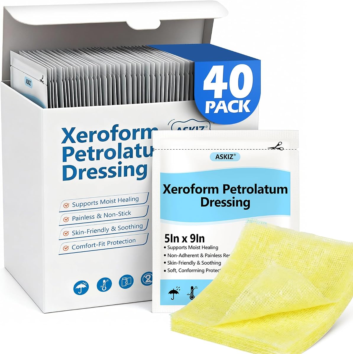 40 Pack Medical Xeroform Petrolatum Dressing Patch,5"x9"Non-Adherent Gauze Pads,Soft Fine Mesh Gauze Patch for Wound Care,Burns,Lacerations,Skin Grafts & Surgical Incisions,Individual Packaged