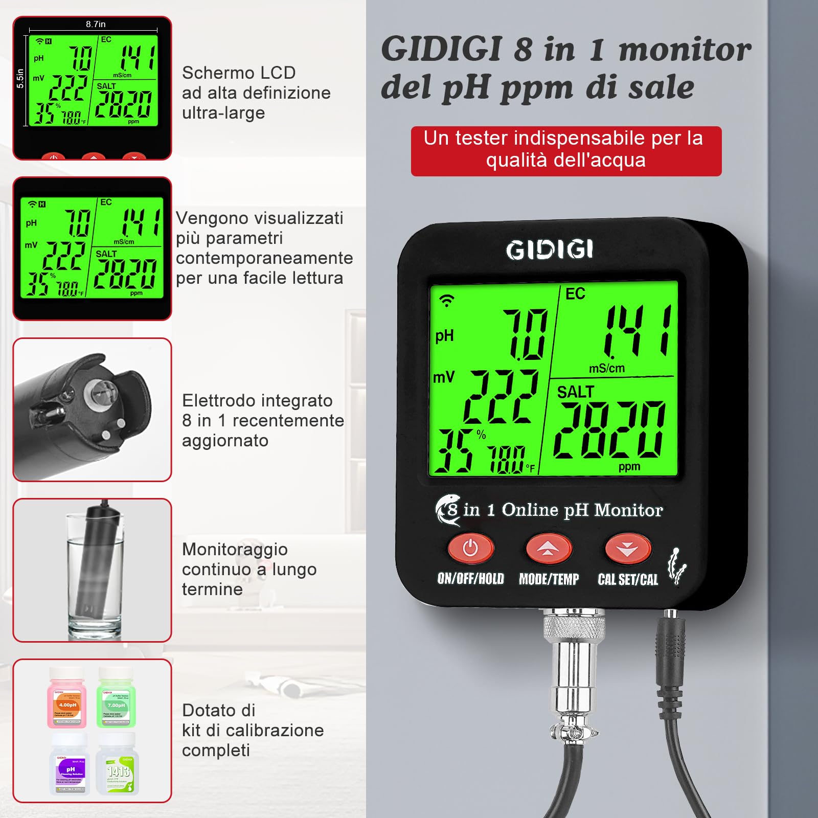 Misuratore di pH/EC/TDS/sale intelligente WiFi 8 in 1 con ORP, umidità e temp, monitor dei nutrienti per l'idroponica e tester salinità per acquario, vasca per pesci, soluzioni di calibrazione incluse