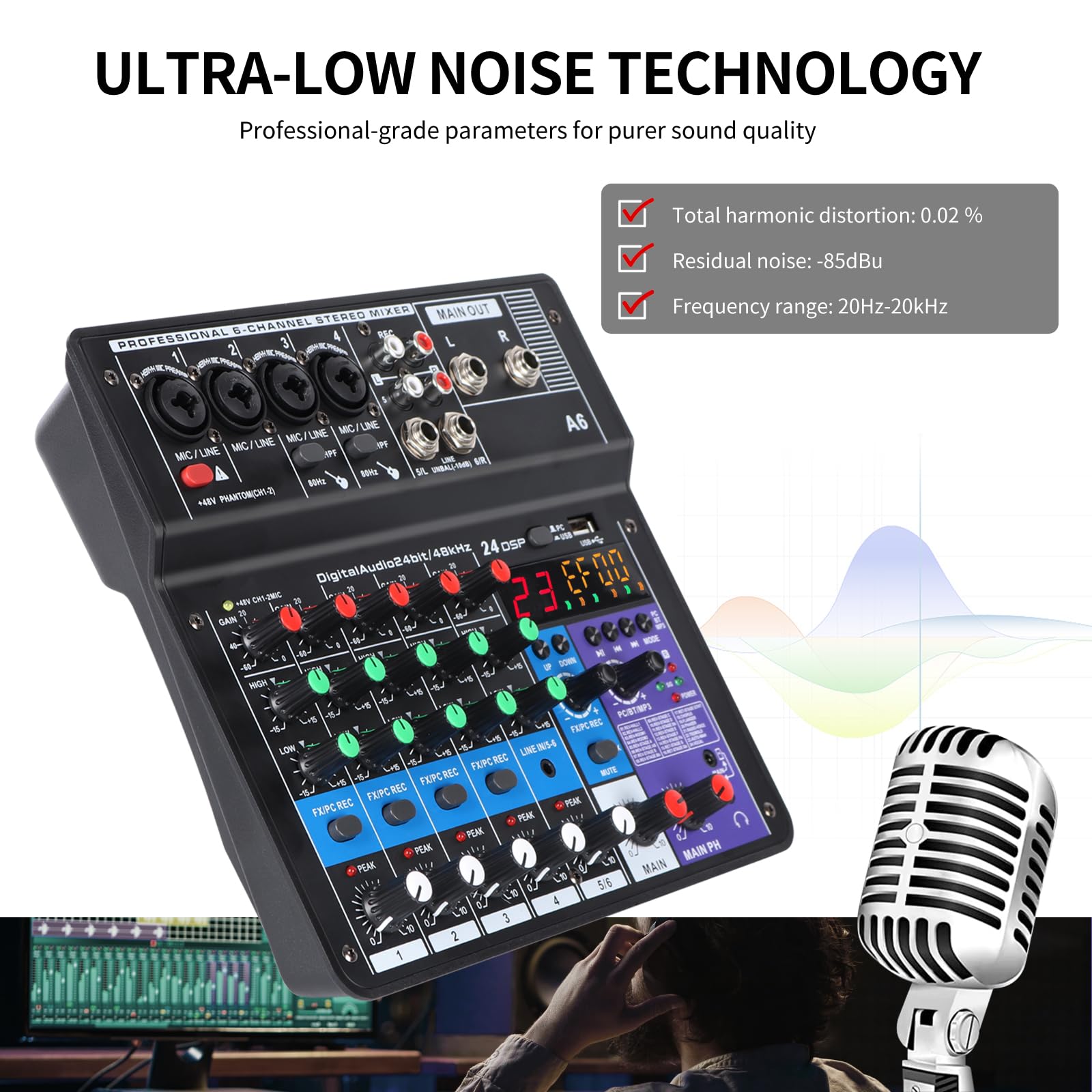 XTUGA A6 Table de Mixage Mixeur Audio 6 Canaux, Console de Mixage USB Avec Bluetooth et Alimentation Fantôme 48V, Fonction de Bouclage, Adapté Aux Spectacles, Réunions et Diffusions en Direct