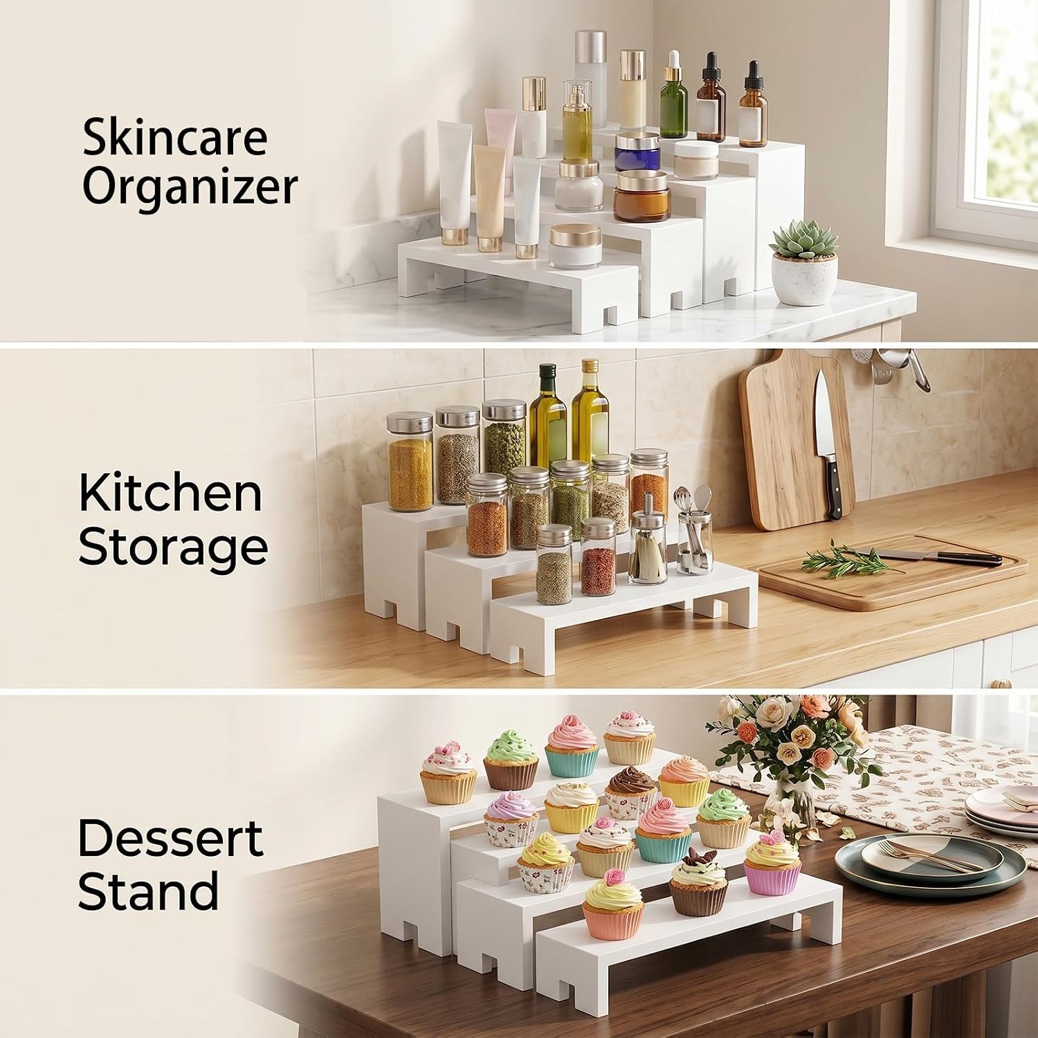 2 Set Large White Display Risers Wooden Tiered Risers Stand 4 Tiered 8Pcs Wood Display Riser Set Layered Aesthetic Shelves Stackable Wooden Cupcake Stand Racks Cupcake Stands Perfume Displays Stands
