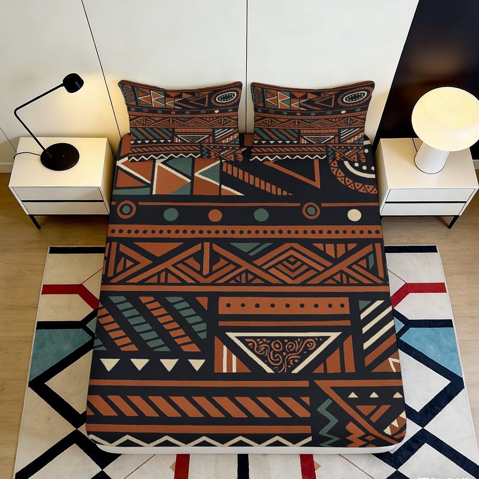 3D Printed Tribal Geometric Fitted Sheet Microfiber Soft Brown Orange African Pattern Mattress Cover for Bedroom Guest Room 90x200x25cm