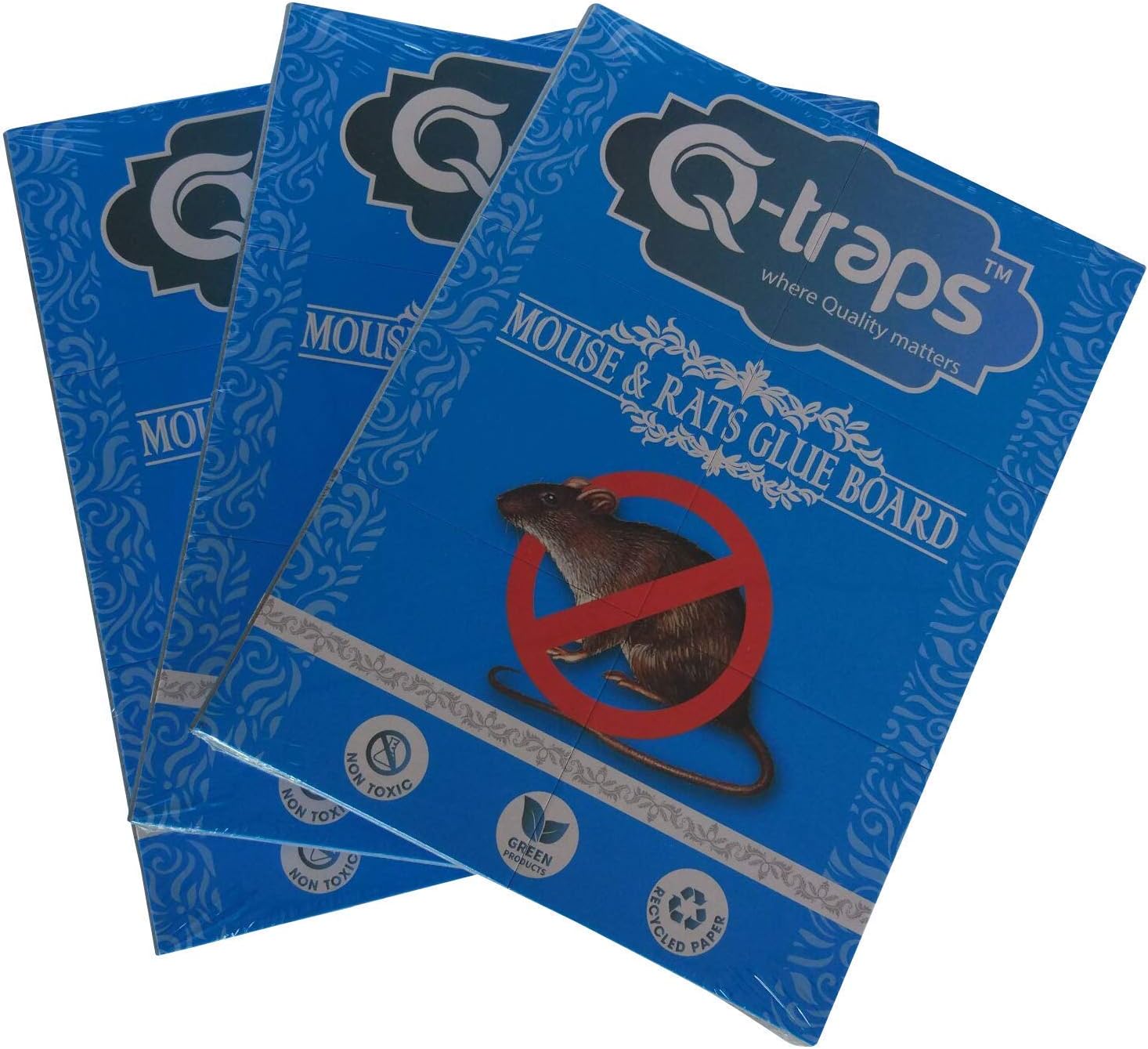 Qtraps Extra Large 12" X 6" Mouse & Rat Trap – Non Toxic, No Touch, Sticky Glue Pads Catch, Kill & Contain Mice, Rats & Small Rodents & Pests – Boards are Safe for Indoor or Outside Use - Pack of 3