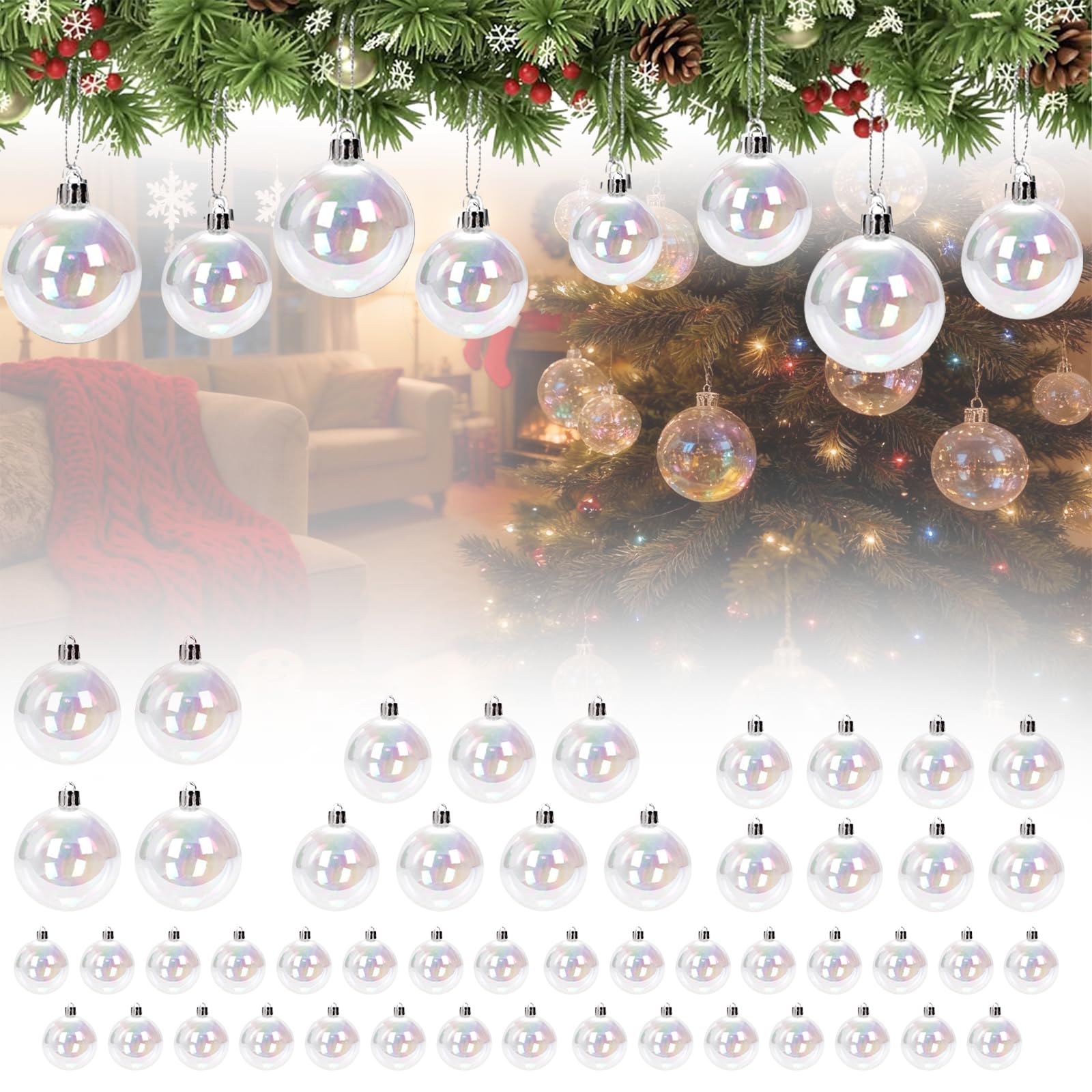 50Pcs Clear Plastic Baubles, Glass Baubles Christmas Balls, DIY Transparent Balls for Christmas Tree Ornament, Halloween, Birthday, New Year Xmas Wedding Party Decor