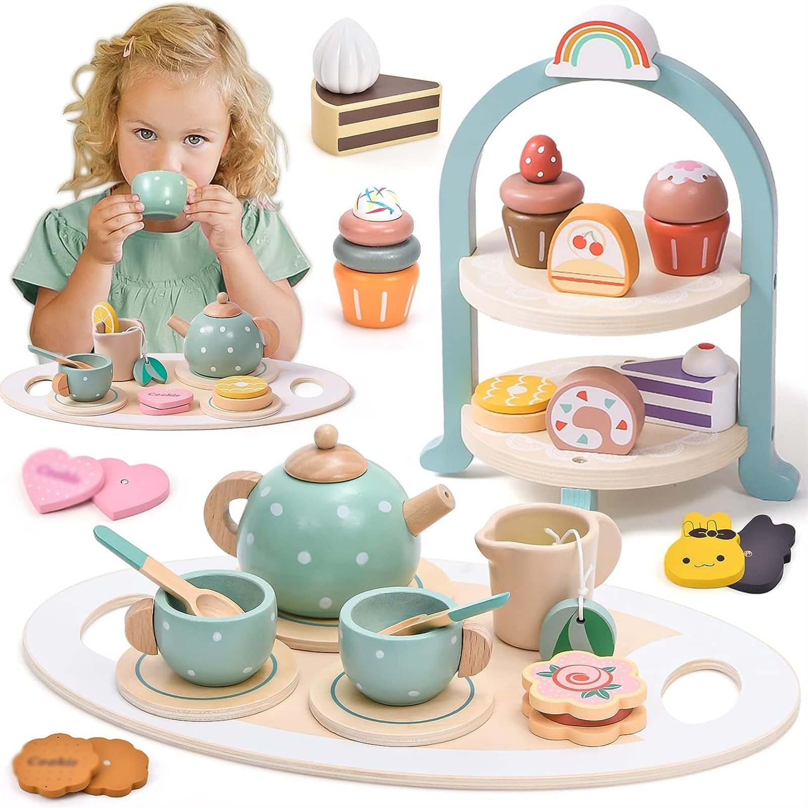 THE WHITE SHOP 26*20.5*18.5 cmWooden Tea Party Set for Little Girls 28 Pcs Toddler Tea Set with Cupcake Stand & Food Pretend Play Accessories Kids Kitchen Playset Wooden Toys for 2 3 4 5 6 Year Old Gi