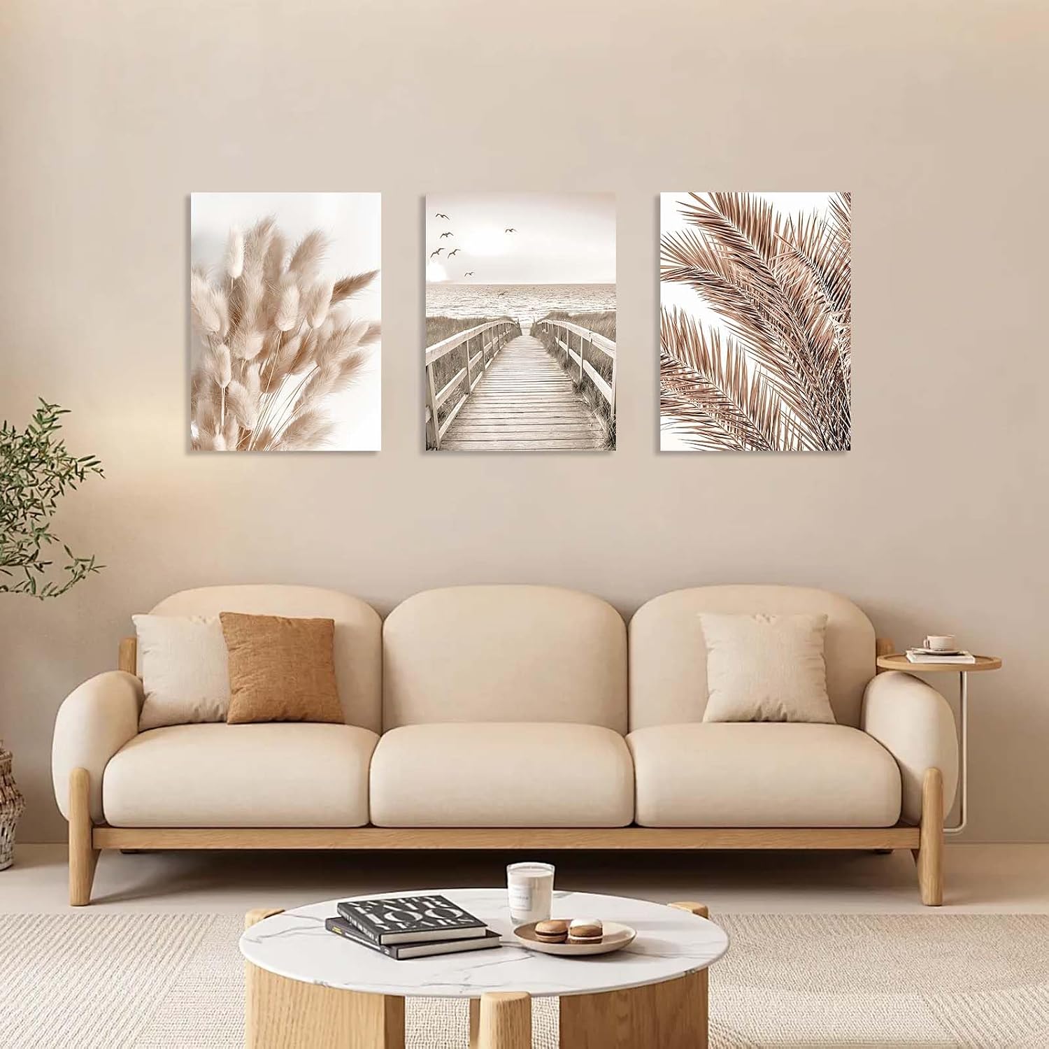 3 Piece Wall Art Framed Canvas Wall Art Neutral Boho Landscape Pictures Wall Decor with Beach Grass and Palm Leaves Design for Living Room Bedroom Bathroom Office Wall Decor with Hooks and Nails 12x16 Inch image 2