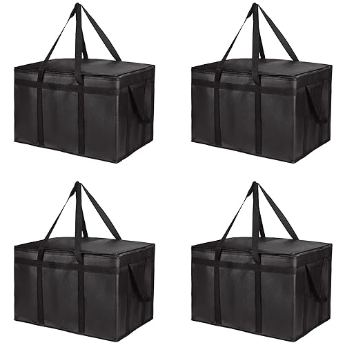 Vista 31 de Bolsa térmica, suave y aislada, bolsa de alimentos plegable para entrega de alimentos, portátil, color gris negro, paquete de 4, tamaño L