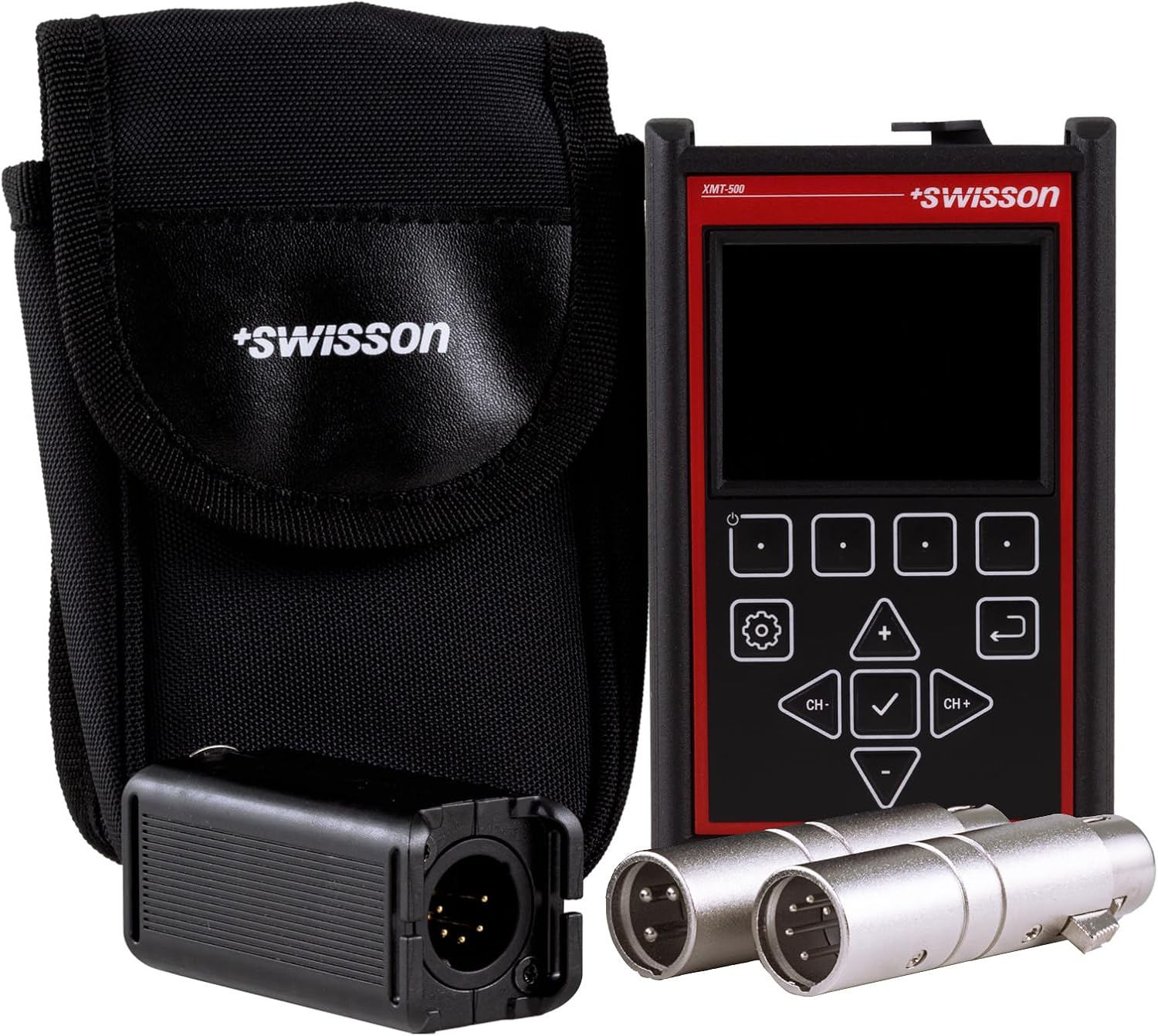 Swisson XMT-500 DMX Tester package contents including the device, carrying pouch, USB-C cable, and XLR test adapters