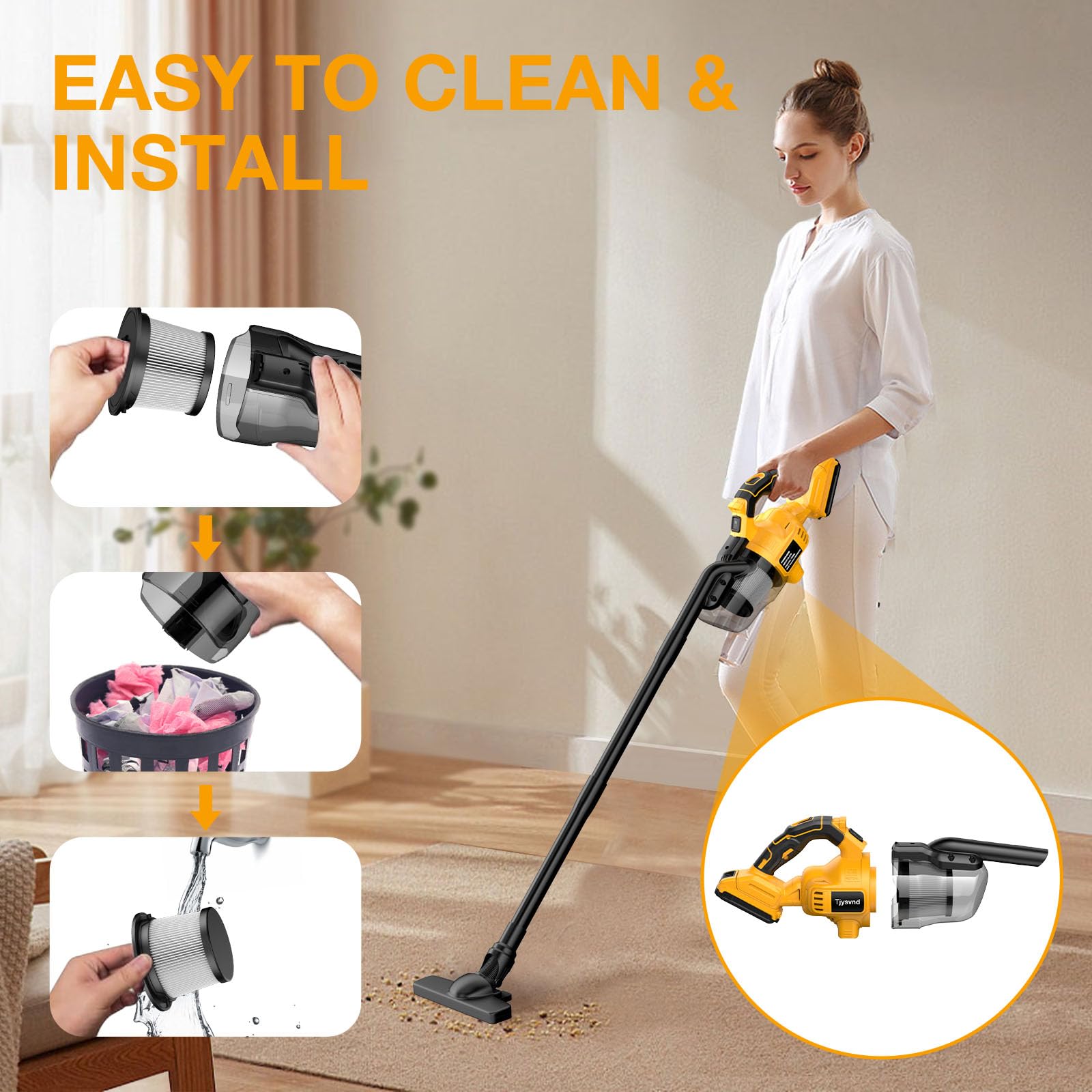 Aspiradora inalámbrica Dewalt 20 V, aspiradora de mano con filtro HEPA lavable, limpiador potente para coche, alfombras y muebles (batería no incluida)