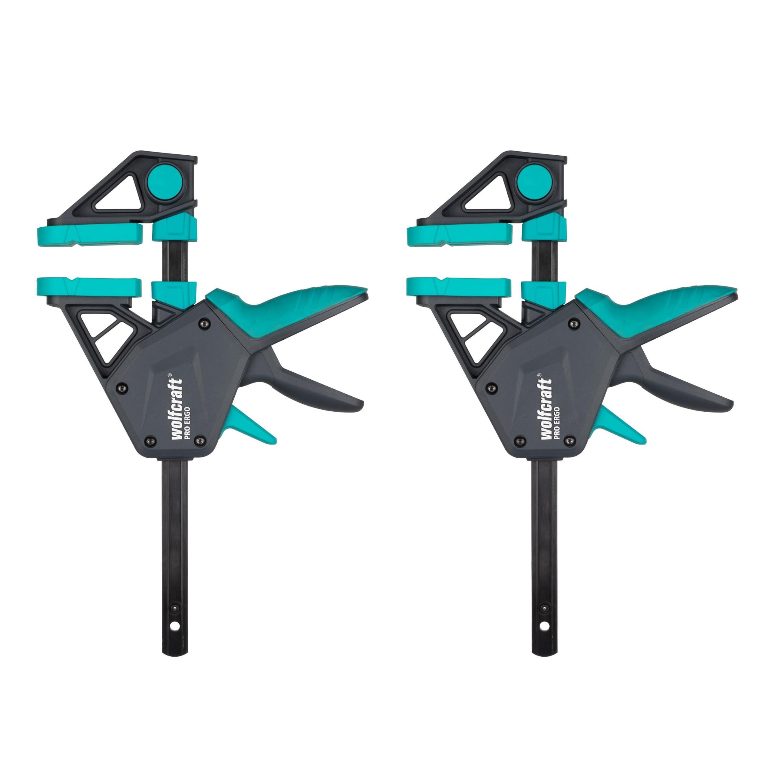 wolfcraft 2 x ERGO PRO Single Hand Clamps, Clamping Force 150 kg - 8677060 - The comfortable clamp for all types of applications - clamping width 150 mm