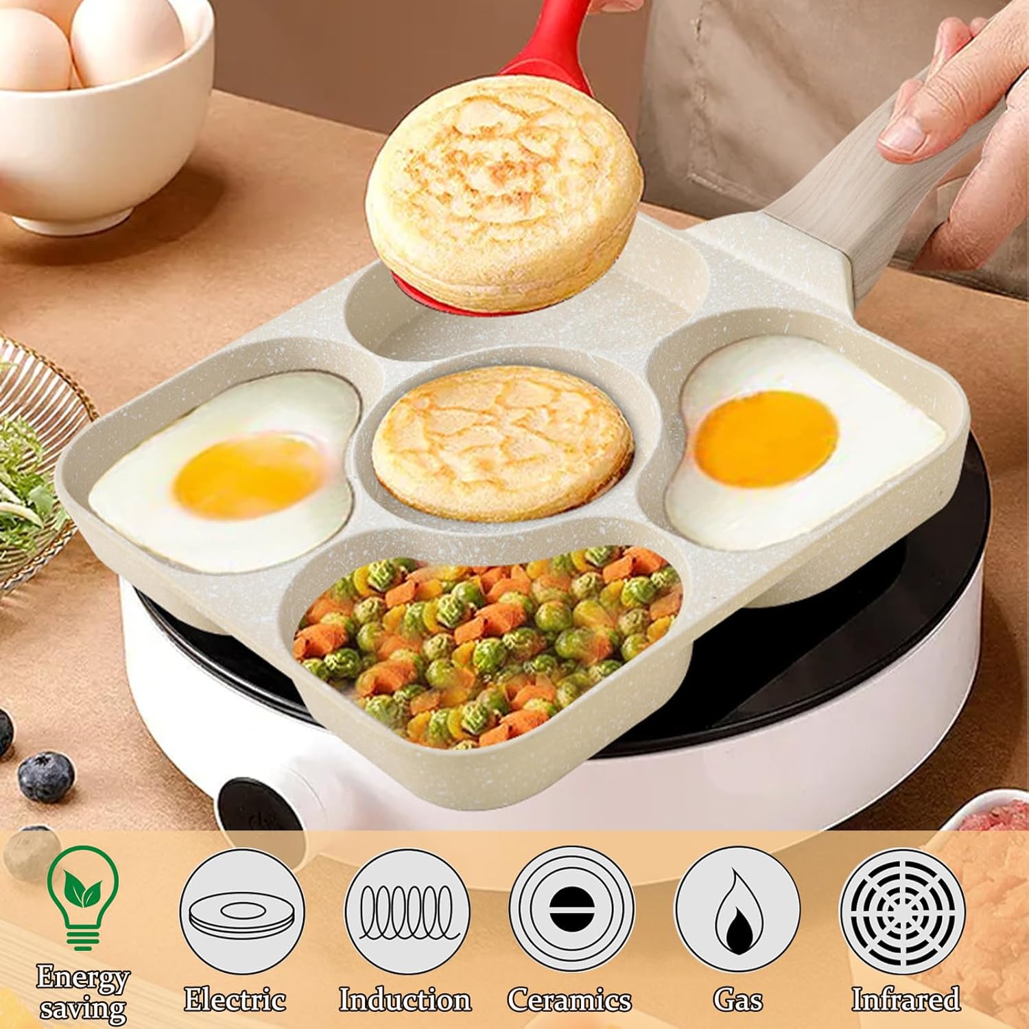 JUSTUP 5 Cups Nonstick Omelette Pan, Healthy Aluminum Granite Pancake Pan, Steak Frying Pan with Heat-Resistant Handle, Universal for All Stoves, Easy to Clean, Free of PFOA & PFOS (Beige)